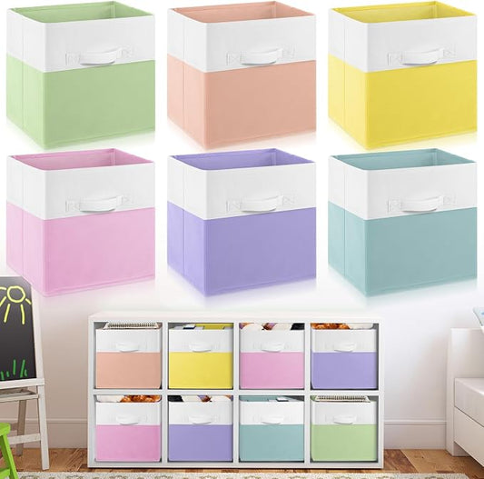 Yinder 6 Pcs Cube Storage Bin 10.5''x10.5''x11'' Storage Bins for Playroom Decor Colorful Bins for Kids Foldable Baskets for Nursery Organizer Boxes Fabric Boxes(Macaron Colors) by Yinder