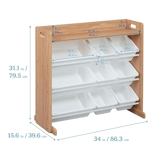 ECR4Kids 3-Tier Organizer with Shelf and 9 Bins, Toy Storage, Dark Natural/White | Durable plastic bins, MDF panels, steel frame, GREENGUARD Gold Certified, 36 lb capacity, anti-tip kit, playroom/classroom - Image 3