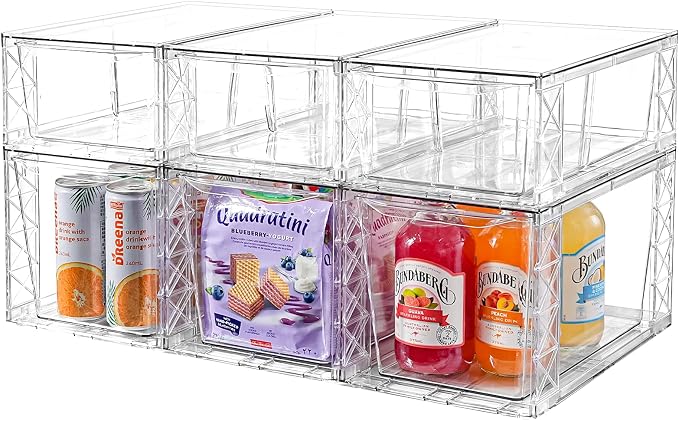 6Pack Pantry Organizers and Storage,Clear Stackable Kitchen Storage Organizer,Foods Organizer Bins with Handles, Easily Assemble for Bathroom, Kitchen, Refrigerator, Pantry, Cabinet, Closet by Clemate