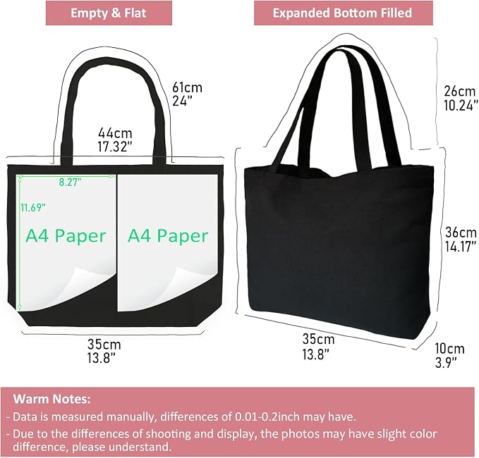 Koolmox Black Canvas Tote Bag with Zipper, 6-Pack 17x14x3.9'' 12Oz Thick Canvas Bag with Handles and Flat Bottom, Women Men Grocery Shopping Bags Cotton Totes Sublimation Totes to Customize - Image 6