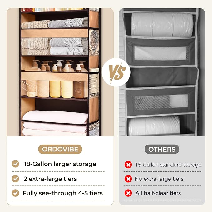 5 Tiers Over Door Organizer with 10 Mesh Side Pockets, 44 lbs Weight Capacity Hanging Storage Organizer with Clear Window Kids Toys, Shoes, Diapers, Brown - Image 5