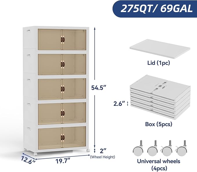 SAILUN 234QT/58Gal Stackable Storage Bins with a Lid, Collapsible Storage Bins With Doors, Folding Cabinet for Home Closet Organization,5 Pack-19.7" W x 12.6" D x 54.5" H White - Image 2