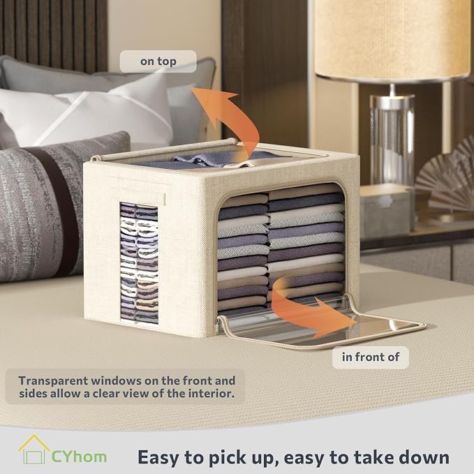 CYhom 3Pack Foldable Storage Bins - Frame Storage Box Linen Fabric Stackable Clothes Container Organizer with Clear Window & Carry Handles Large Capacity (Medium-36L, Beige) - Image 2
