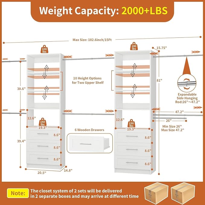 Closet System with 6 Drawers, 5-14FT Custom Closet Organizer System with 8 Expandable Hanging Rods&Adjustable Shelves, Modular Wood Closet Systems Tower for Walk in Closet Storage, 2 Sets, White - Image 3
