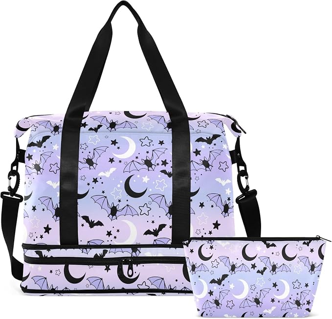 Travel Duffel Tote Bag Bat Starry Sky Sports Duffel Bag with Wet Pocket Weekender Overnight Bag for Women Men Gym Bag, Carry On Bag Hospital Bag for Labor and Delivery by MNSRUU