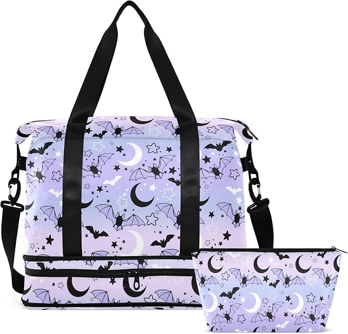 Travel Duffel Tote Bag Bat Starry Sky Sports Duffel Bag with Wet Pocket Weekender Overnight Bag for Women Men Gym Bag, Carry On Bag Hospital Bag for Labor and Delivery - Image 8