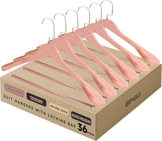 Wide Shoulder Wooden Hangers with Locking Bar, Cedar Wood, 36-Pack | Non-Slip Suit Hangers with Flat-Head Hook for Suits, Jackets, Coats, Shirts, Outerwear and Heavy Clothes by BP4U%E2%84%A2