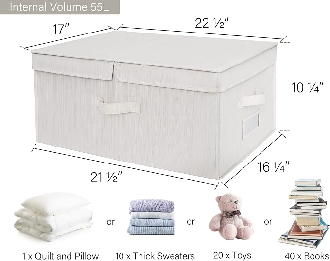 StorageWorks Extra Large Storage Bins with Lids, 55L Decorative Storage Bins with Double-Open Lid and Divider Board, Fabric Bins with Handles, Mixing of Beige, White & Ivory, 2-Pack - Image 2