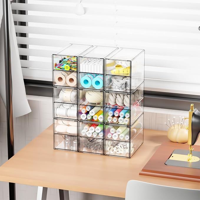 9 Pack Small Acrylic Drawers With 18 Drawers,Clear Drawer Organizers Stackable,School,Office Supplies Organizer And Storage Bins for Stationery,Pen,Pencil,Craft,Glasses,Sunglass Organizer Case - Image 2