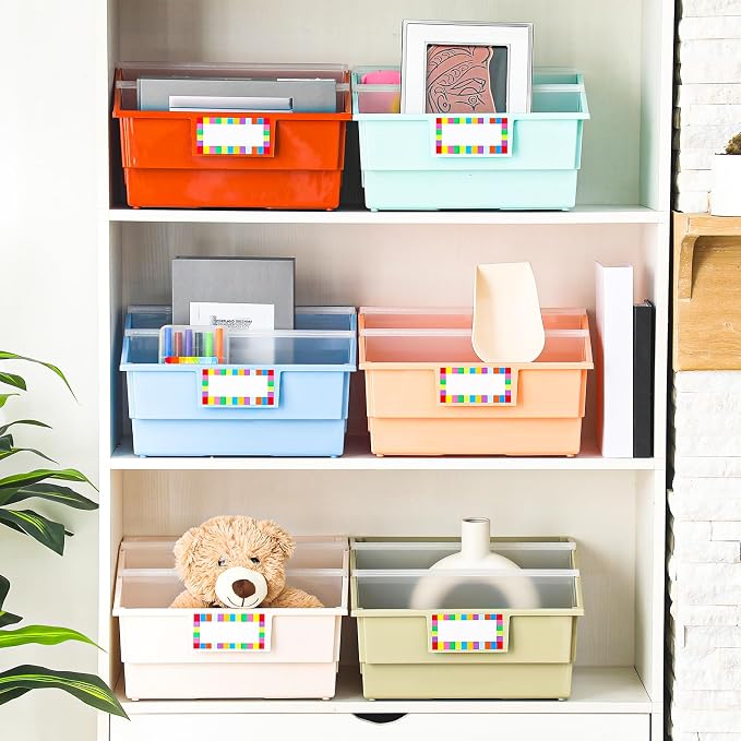 Lineshading 6 Pack Picture Book Organizer Bins with Dividers Large Plastic Book Holders with Labels Multi Purpose Classroom Organization Bins Storage Container (Boho Color,13.5 " X 13.5 " X 7.75") - Image 6