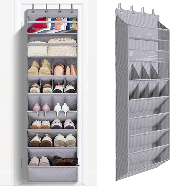1 Pack Over The Door Shoe Organizer, 8 Shelves Hanging Shoe Organizers, | 68" Exlarge Deep Pockets Shoe Rack for Closet, Shoe Holder for Boots, Sneakers, Heels, Over Door Organizer in Home, RV, Grey by Fentec