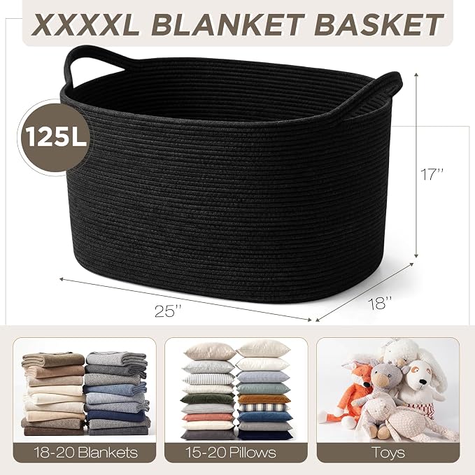 XXXXL 125L Extra Large Woven Blanket Basket, 25" x 18" x 17" Jumbo Cotton Rope Storage Basket with Handles Toy Storage Bins for Laundry Hamper Nursery Organizer Living Room Home(Black) - Image 2