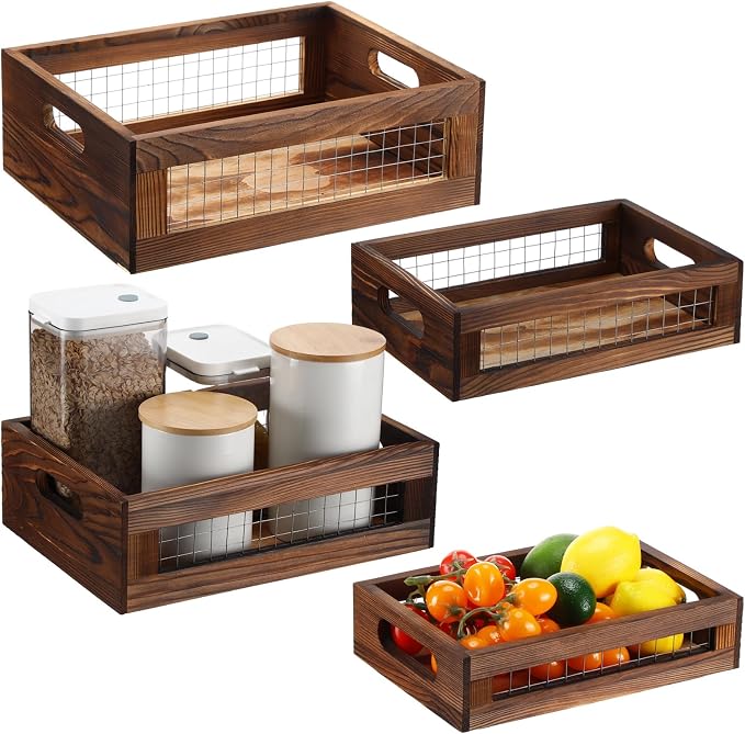 FillTouch 4 Pcs Wooden Nesting Countertop Baskets 4 Size Wooden Storage Box with Handle and Metal Wire Multipurpose Wood Organizer Crate for Fruit Vegetable Kitchen Cabinet Bathroom(Walnut,Small) - Image 8