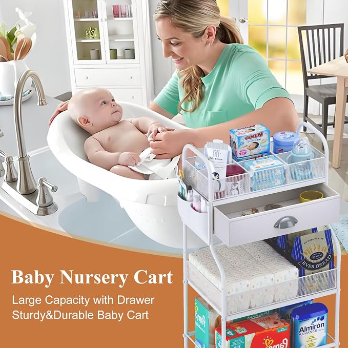 Baby Diaper Caddy Cart Organizer -3 Tier, Bedside Nursery Essentials Organizer & Storage Holder for Newborn Baby Stuff, 2+1 Dividers, 1 Drawer,Rolling Utility Cart for Bedroom,Changing Table, Crib. - Image 4