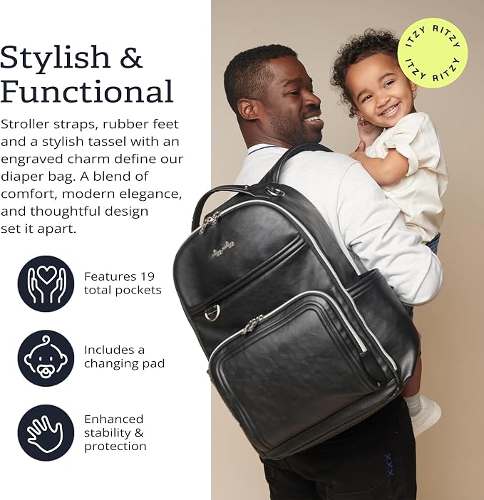Itzy Ritzy Boss Plus Diaper Bag Backpack w/ 19 Pockets (Black with Silver) | Large Diaper Bag Backpack Includes 2 Insulated Bottle Pockets, Changing Pad, Stroller Clips, Padded Straps, Travel-Ready - Image 2