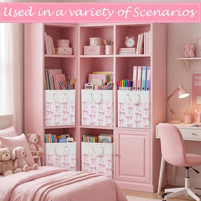 LemonRoad 6 Pcs Pink Bow Cube Storage Bins Square 11.22 Inch Storage Basket with Handle Preppy Girl Organizer Basket Collapsible Fabric Box for Classroom Bedroom Office Home Decoration Gift - Image 2