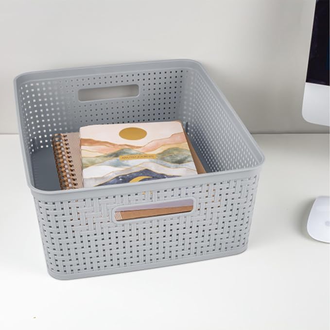 Sterilite 18 Pack Plastic Storage Bin Organization Containers, Short Baskets, Cement - Image 4