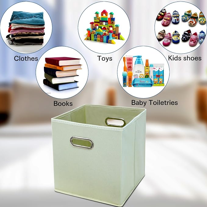 STOREONE Fabric Storage Bins Cubes Baskets Containers-(11X11X11) with Dual Handles Cube Storage Organizer Bins for Shelf Closet, Bedroom Organizers, Foldable Set of 6 (Creamy- White ) - Image 3