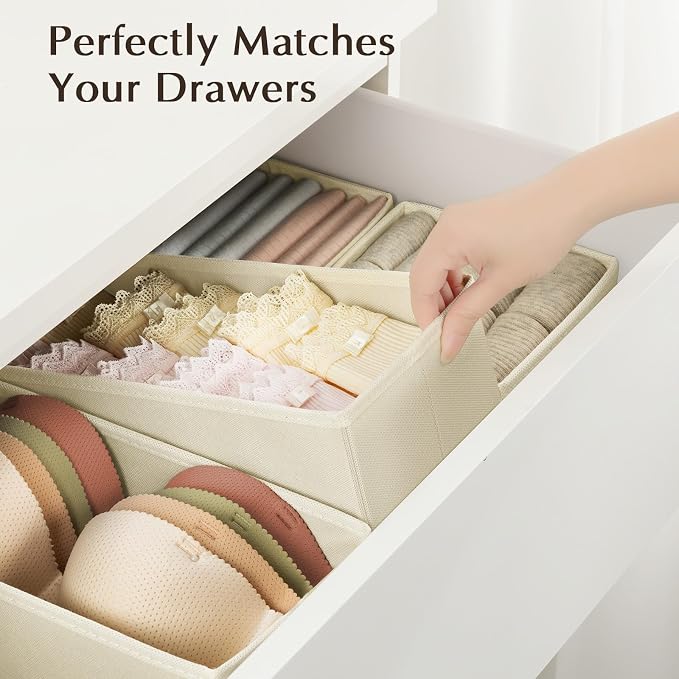 DIMJ Drawer Organiser System Drawer Organiser - Fabric Storage Box, Drawer Inserts for Wardrobes, Wardrobe Organiser for Clothes, Pack of 8, Beige Classic - Image 4