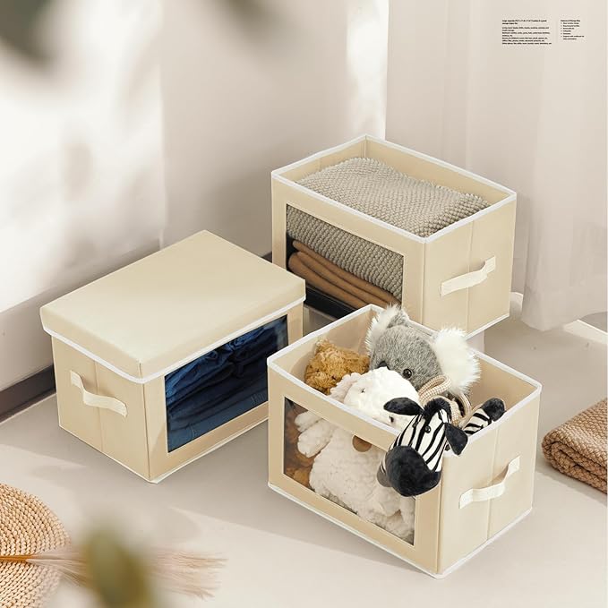 Fabric Storage Bins with Lids, Storage Cubes with Window, Decorative Storage Boxes Baskets for Organizing, Closet Organizer Storage Bins for Home, Office, 3 Packs, Beige - Image 4