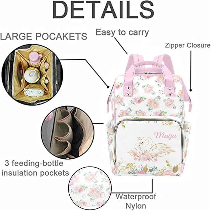 Custom Diaper Bag Personalized Floral Swan Casual Nursing Mommy Daypack with Insulated Pocket Customized Cute Diaper Bag Backpack with Name or Holiday Travel - Image 5