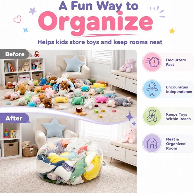 Clear Stuffed Animal Storage Bean Bag Chair Cover for Kids with Zipper | Transparent Waterparoof, Wipe Clean Thicker PVC, Holds 50+ Stuffed Animals, Double Zipper for Plush Toys Storage & Organizing - Image 4