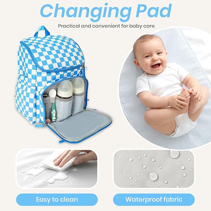 FHELAD Checkered Diaper Bag Backpack with Changing Pad & Stroller Clips | Baby Diaper Bag, Baby Shower Gifts, 4 Insulated Bottle Holders, Wet Wipe Pocket, Luggage Strap - Image 7