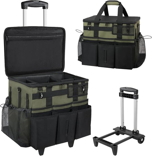 Rolling Cleaning Caddy Bag with Detachable Trolley, Large Cleaning Supplies Organizer with Wheels, Multi-Pocket Cleaning Cart with Adjustable Shoulder Strap for Housekeepers & Home Use, Armygreen by Tidyyourlife