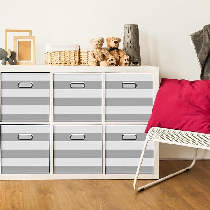 CroBlissful 11 Inch 6 Pack Fabric Storage Cubes with Metal Handles, Back to School Collapsible Organizer Bins for Classroom, Closet, Student Room, Toys and School Supplies (Grey and White) - Image 2