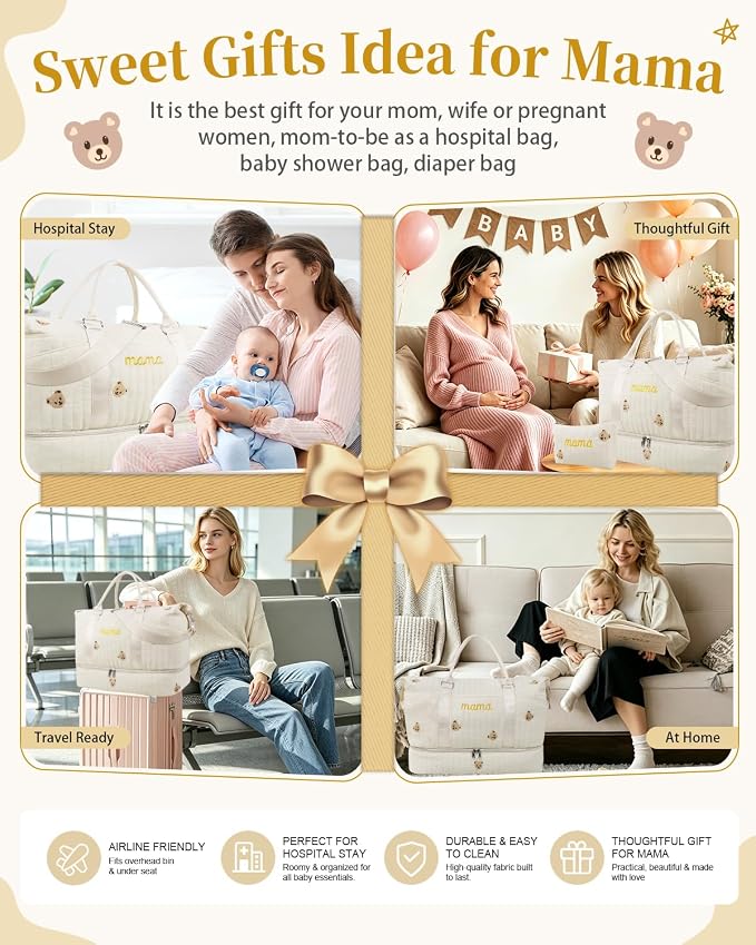 Mama Maternity Hospital Bag Essentials for Women Labor Delivery Baby Diaper Organizer with Shoe Compartment & Toiletry Pouch Travel Duffle Bag for Pregnancy Mommy Weekender Overnight Gifts,Beige Bear - Image 4
