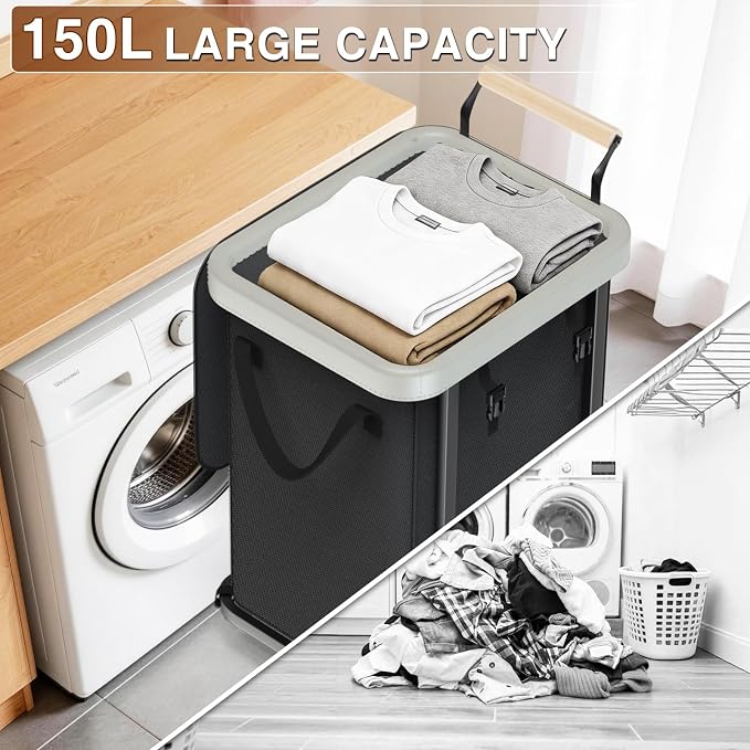 Laundry Hamper with Lid,150L Rolling Laundry Basket with Wheels & Handle | Leather Patchwor Dirty Clothes Hamper,Laundry Basket Organizer for Bedroom Aesthetic,Laundry Room,Dorm - Black Gray - Image 4