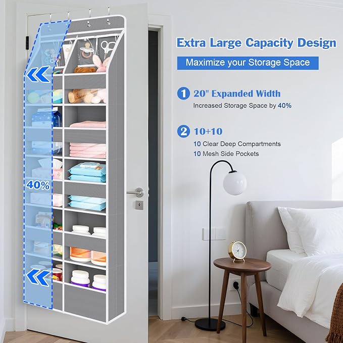 Univivi Upgraded Over the Door Organizer for Baby Nursery, Grey, 6-Shelf | Fabric Door Organizer with Clear Window Deep Pockets, Over Door Hanging Organizer for Baby Essential, Bedroom, and Dorm - Image 8
