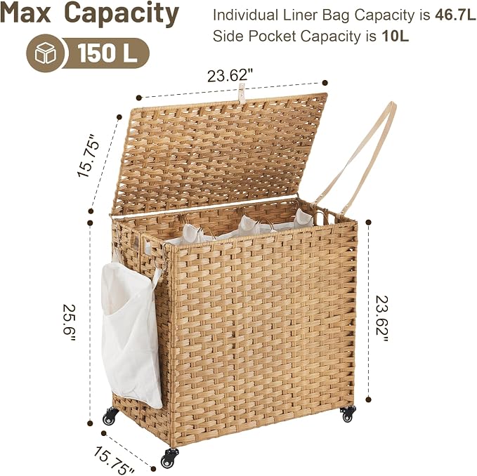 Laundry Hamper with Wheels, 39.6 Gallon(150L) Rolling Laundry Basket with Lid, 3-Section Rattan Clothes Hamper with 3 Removable Liner & 3 Mesh Bags, Laundry Sorter with Side Pocket, Natural - Image 4