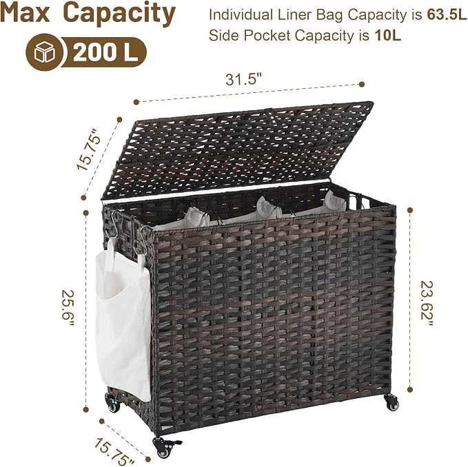 Laundry Hamper with Wheels, 52.8 Gallon(200L) Rolling Laundry Basket with Lid, 3-Section Rattan Clothes Hamper with 3 Removable Liner & 3 Mesh Bags, Laundry Sorter with Side Pocket, Brown - Image 4