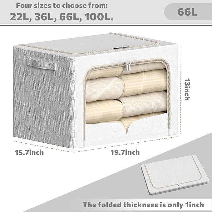 FHSQX 3 Pack Clothes Storage Bins - Foldable Metal Frame Storage Box - Stackable Linen Fabric Container Organizer Set with Carrying Handles and Clear Window (Cream White, 19.7x15.7x13inch(66L)) - Image 4