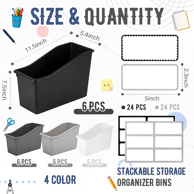 Geetery 24 Pcs Book Bin for Classroom with Labels Stackable Plastic Organizing Bins 11.5 x 5.4 x 7.5 in Book Holders Storage Bins Box Baskets for Classroom Library Home (Simple Color) - Image 2