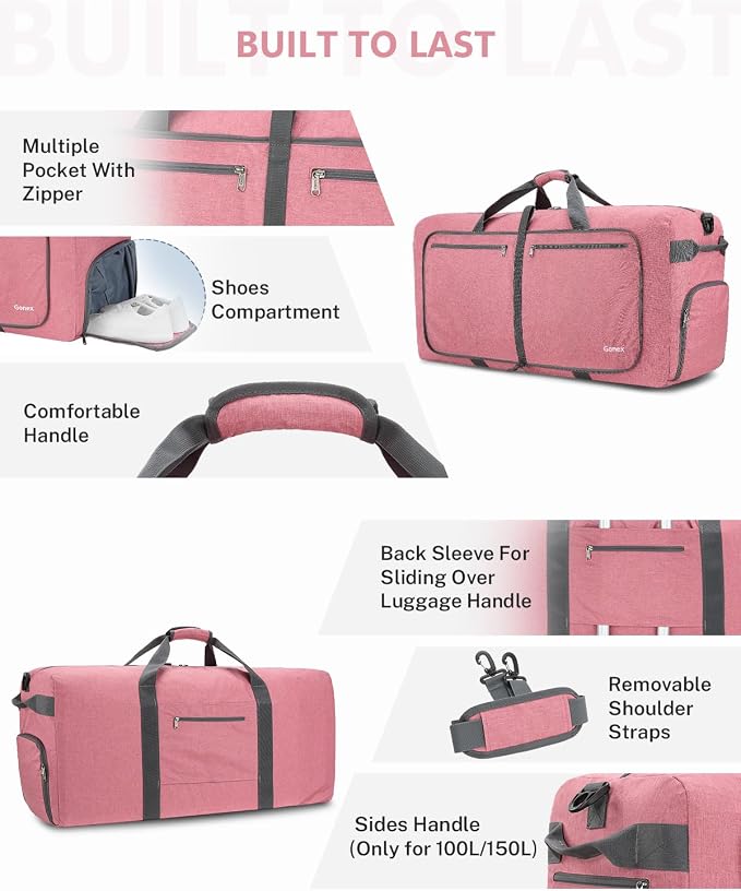 Gonex 150L Foldable Travel Duffle Bag with Shoe Compartment, Lightweight | 210D Nylon, Water-Repellent, Folds Compact, Multiple Pockets, Luggage Sleeve,Family Travel & Camping, Coral Pink - Image 5