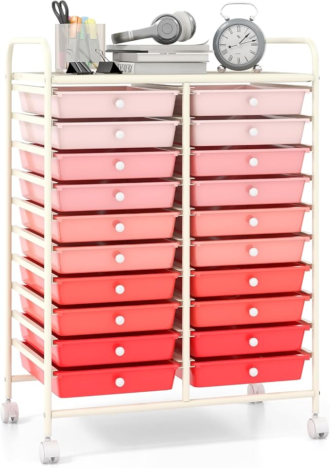 Giantex 20 Drawers Rolling Cart, Mobile Storage Drawer Cart, Classroom Organizer Cart for Office School Supplies Teacher Tools Paper Craft Small Printer, Utility Cart on Wheels, Gradient Pink by Giantex