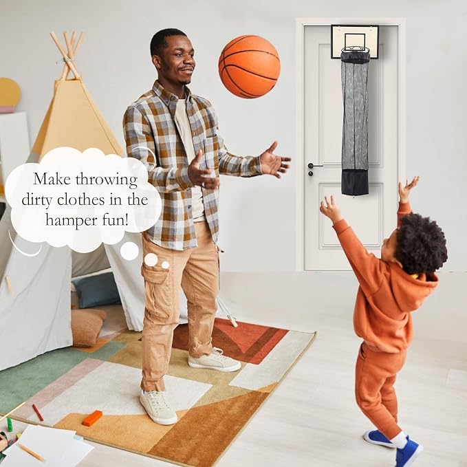 Wooden Basketball Laundry Hamper，Over the Door Basketball Hoop Laundry Basket with Zipper for Kids Room,Dorm Rooms,Bathroom,Saving Space Storage and Organization - White (White) - Image 6