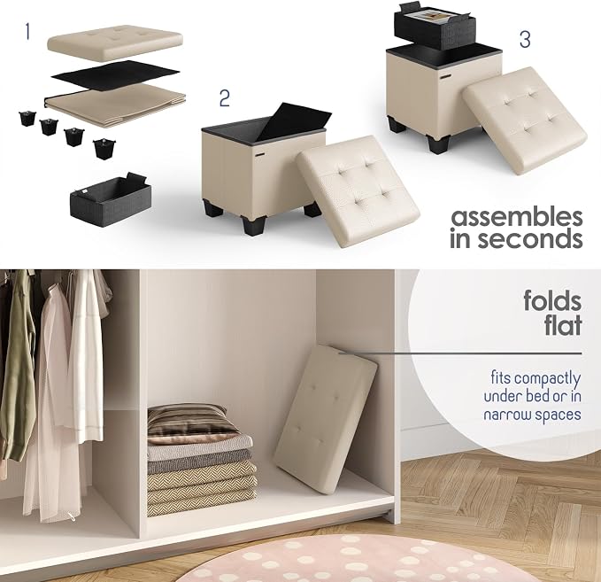 Storage Ottoman Cube with Small Bin, 15-in Square Ottoman with Storage for Living Room and Bedroom, Small Ottomans Foot Rest, Leather Foot Stools Ottomans Max 330lbs, Beige - Image 9