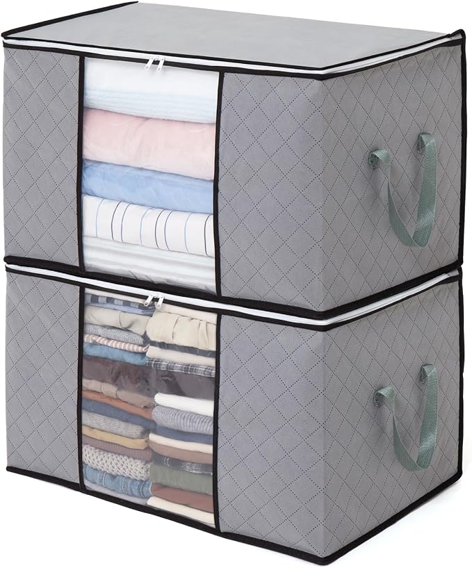 Astro Large Capacity Clothes Storage Bags, 2 Pack Foldable Closet Organizers with Handles, Activated Carbon, Breathable Material, Zipper, Clear Window for Blanket Comforter Clothing Bedding, Grey, 90L by ASTROSTORAGE