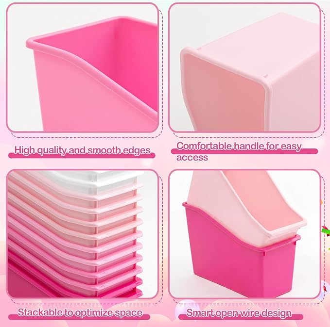 Geetery 12 Pcs Book Bin for Classroom with Labels Stackable Plastic Organizing Bins 11.5 x 5.4 x 7.5 in Book Holders Storage Bins Box Baskets for Classroom Library Home (Pink Color Series) - Image 3