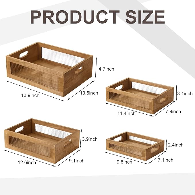 FillTouch 4 Pcs Wooden Nesting Countertop Baskets 4 Size Wooden Storage Box with Handle and Metal Wire Multipurpose Wood Organizer Crate for Fruit Vegetable Kitchen Cabinet Bathroom(Dark Brown,Small) - Image 2