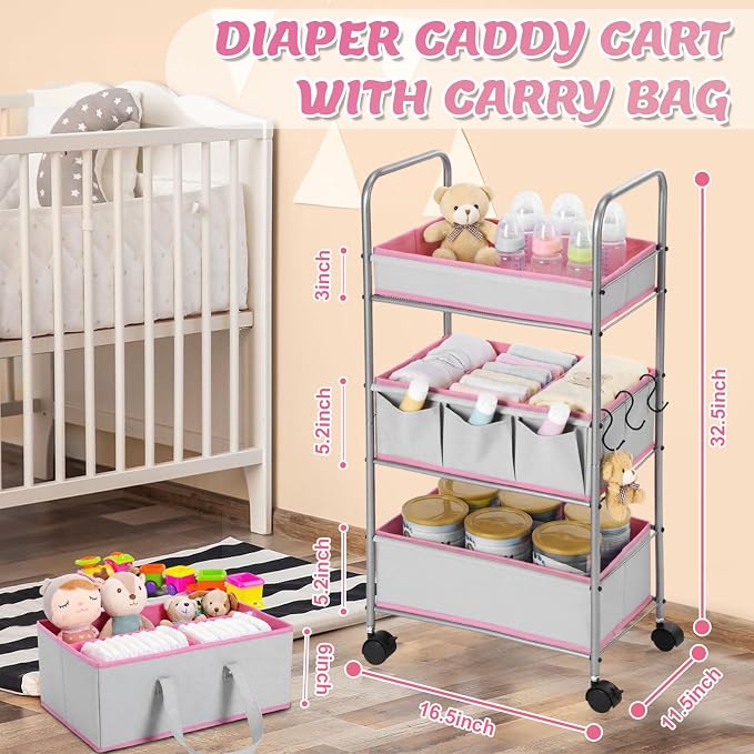 FoldTier 2in1 Baby Diaper Caddy Organizer Cart 3 Tier Large Capacity Metal Utility Bedside Rolling Cart with Divider Newborn Registry Nursery Essential Must Have Bedroom Gift Baby Shower(Pink) - Image 2