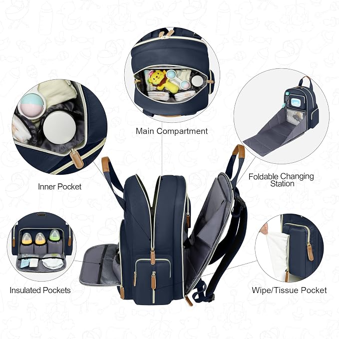 Diaper Bag Backpack with Changing Station, Baby Diaper Organizer Travel Bag | Large Capacity Diaper Bag for Moms Dads - Fold Out Changing Pad, Insulated Pockets, Stroller Straps, Baby Eessentials - Image 5
