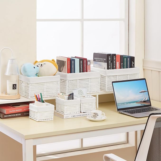 Wicker Storage Basket, 6 Pack Baskets for Organizing, Wicker Baskets with Handle, Rectangular Wicke Basket for Storage Shelves, Cube Storage Bins for Closet/Clothes/Dresser, White - Image 5