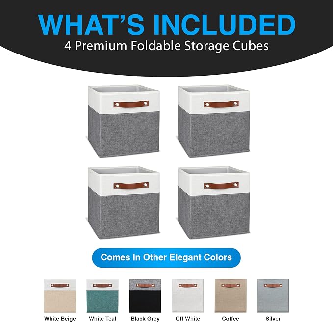 11 Inch Cube Storage Bin - 4 Pack - Linen Fabric 11x11 Cube Storage Bins for Bedroom, Living Room, Clothes and Toys; Foldable, Dual Leather Handles - Image 7