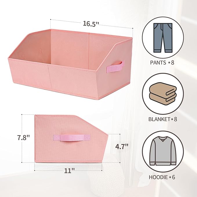Closet Baskets for Shelves Trapezoid - Decorative Storage Baskets with Handle, Closet Bins for Organization, Shelf Storage Bins for Clothes, Books, Home, Office, 4 Pack, Pink - Image 2