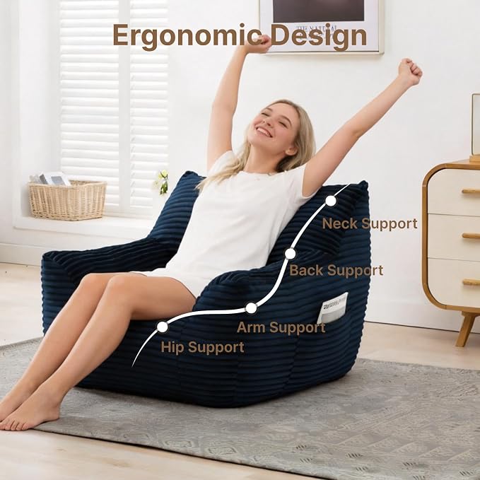 Bean Bag Chair for Adults & Kids, Giant Bean Bag Sofa with Side Pocket, Corduroy Beanbag Chair with Armrests, Comfy Stuffed Floor Sofa for Living Room Bedroom Dorm, Blue - Image 5