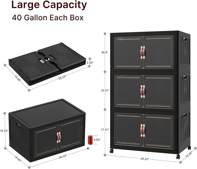 Stackable Storage Bins with Lids, 540QT Lockable Storage Cabinet | Folding Storage Box with Doors and Wheels, Collapsible Plastic Drawers for Home, Garage, Office - Image 4